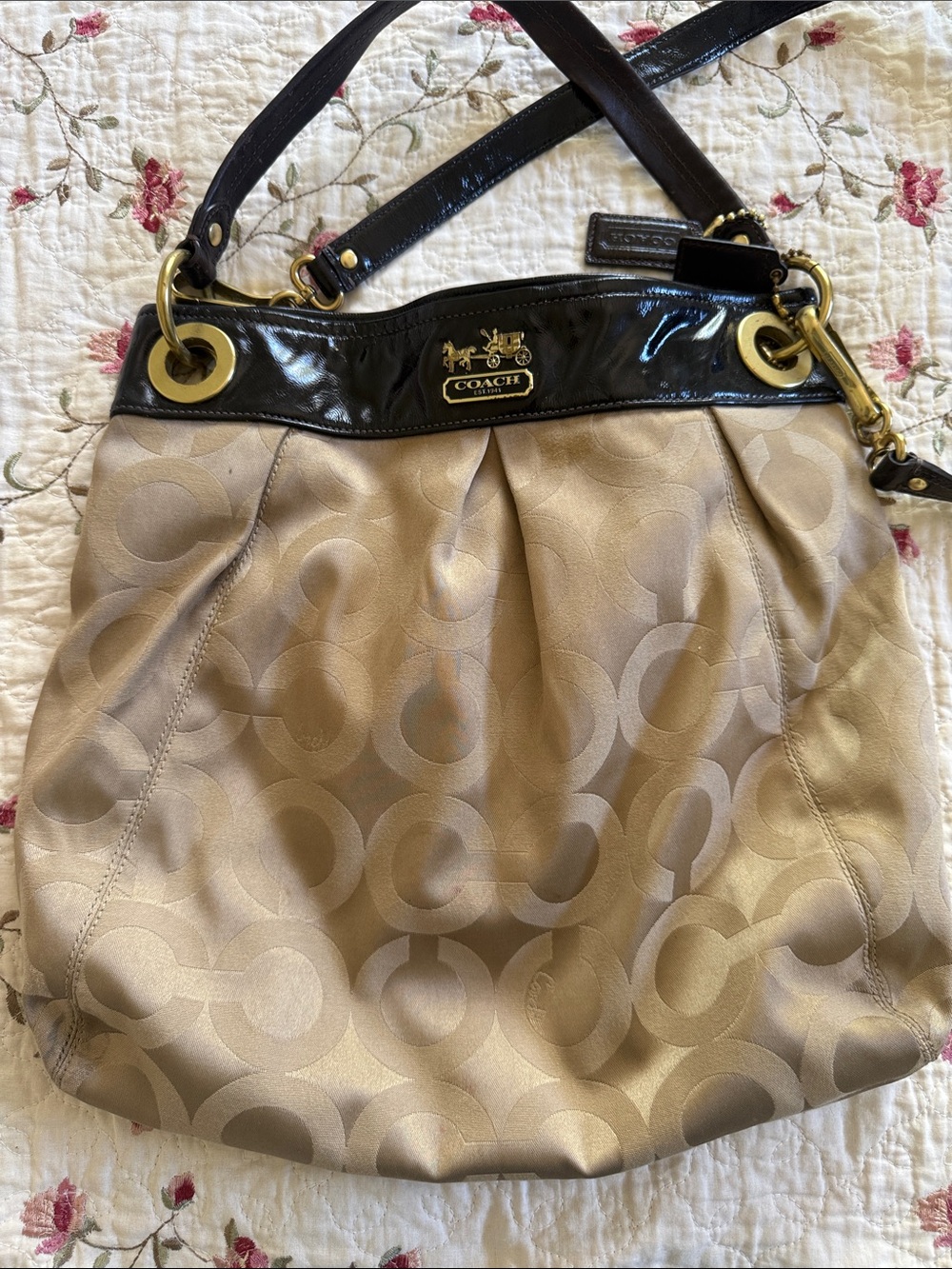 Coach Beige Signature Canvas Shoulder Bag with Black Patent Trim